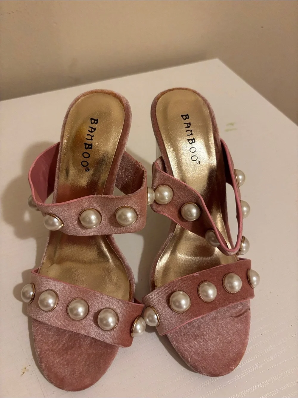 BAMBOO Pink Velvet Slide Heels with Pearl Accents